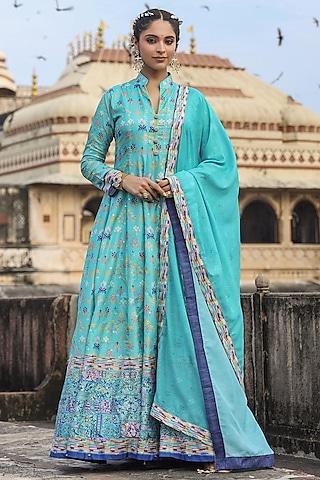 turquoise dola silk embellished & printed anarkali set