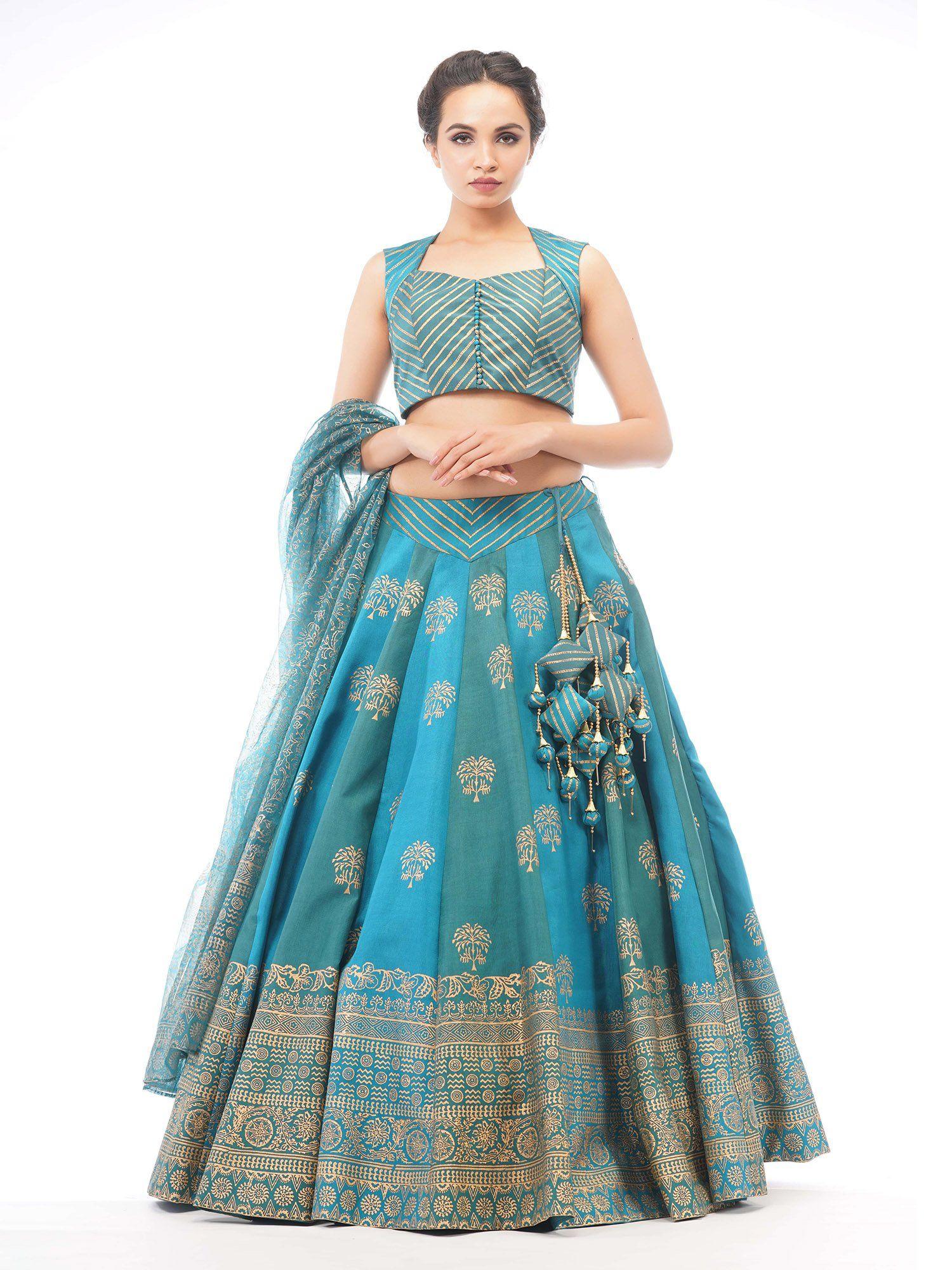 turquoise dual tone silk lehenga (set of 3)