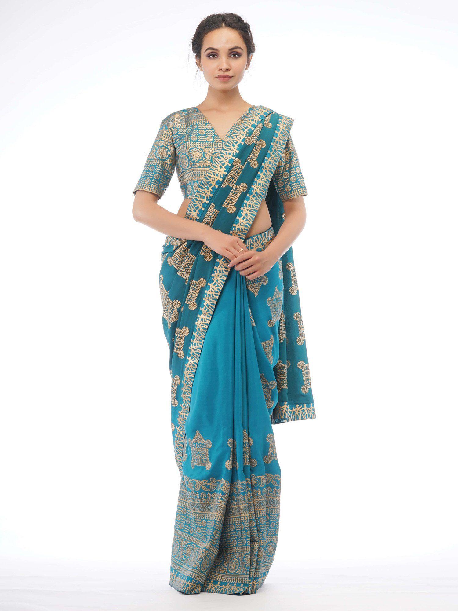 turquoise dual tone silk saree with stitched blouse