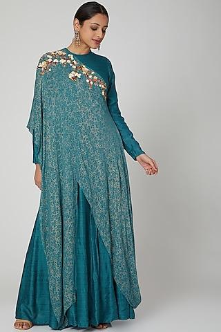 turquoise embellished draped gown