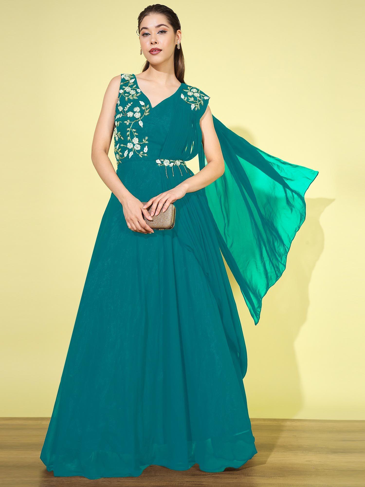 turquoise embellished flared cocktail dress with attached dupatta