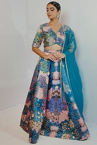 turquoise embroidered & printed lehenga set