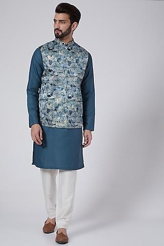 turquoise embroidered & printed nehru jacket
