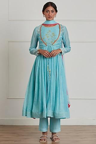 turquoise embroidered anarkali set with jacket