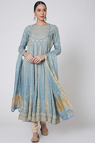 turquoise embroidered anarkali set