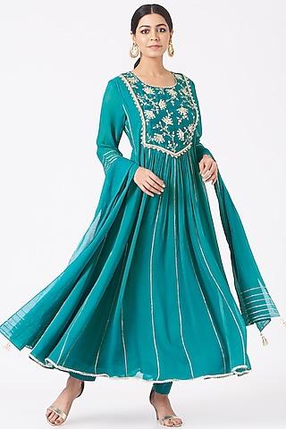 turquoise embroidered anarkali set