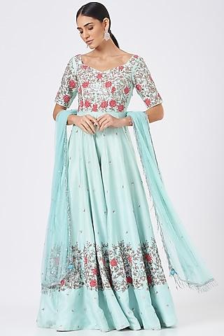 turquoise embroidered anarkali set