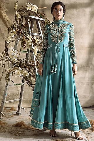 turquoise embroidered anarkali set