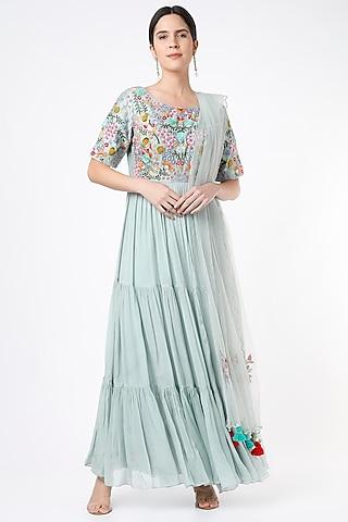 turquoise embroidered anarkali set