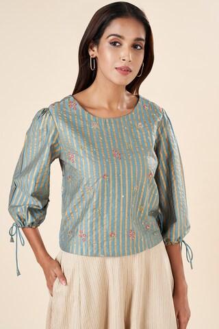 turquoise embroidered casual 3/4th sleeves round neck women regular fit  top