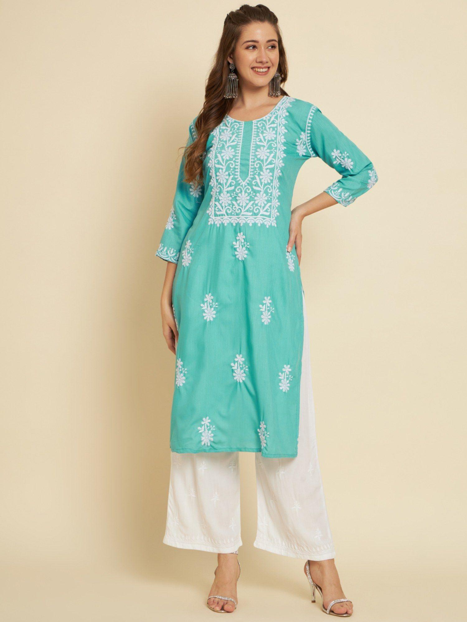 turquoise embroidered cotton chikankari straight kurta