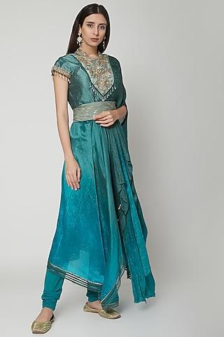 turquoise embroidered draped kurta set