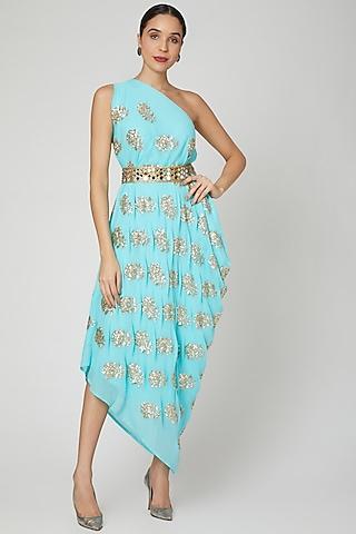 turquoise embroidered dress with belt