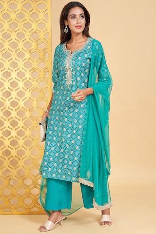 turquoise embroidered ethnic 3/4th sleeves round neck women regular fit  pant kurta dupatta set