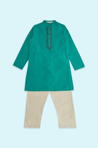 turquoise embroidered ethnic mandarin full sleeves calf-length boys regular fit pant kurta set