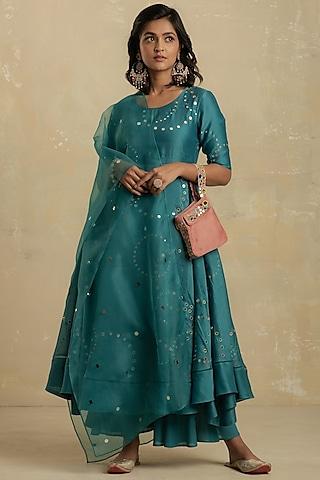 turquoise embroidered flared anarkali set