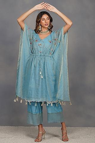 turquoise embroidered kaftan tunic set