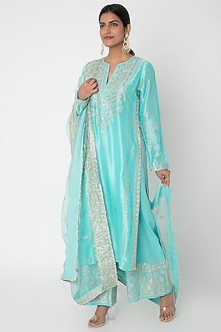 turquoise embroidered kurta set
