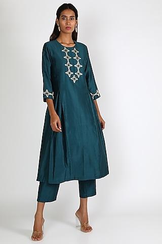 turquoise embroidered kurta set