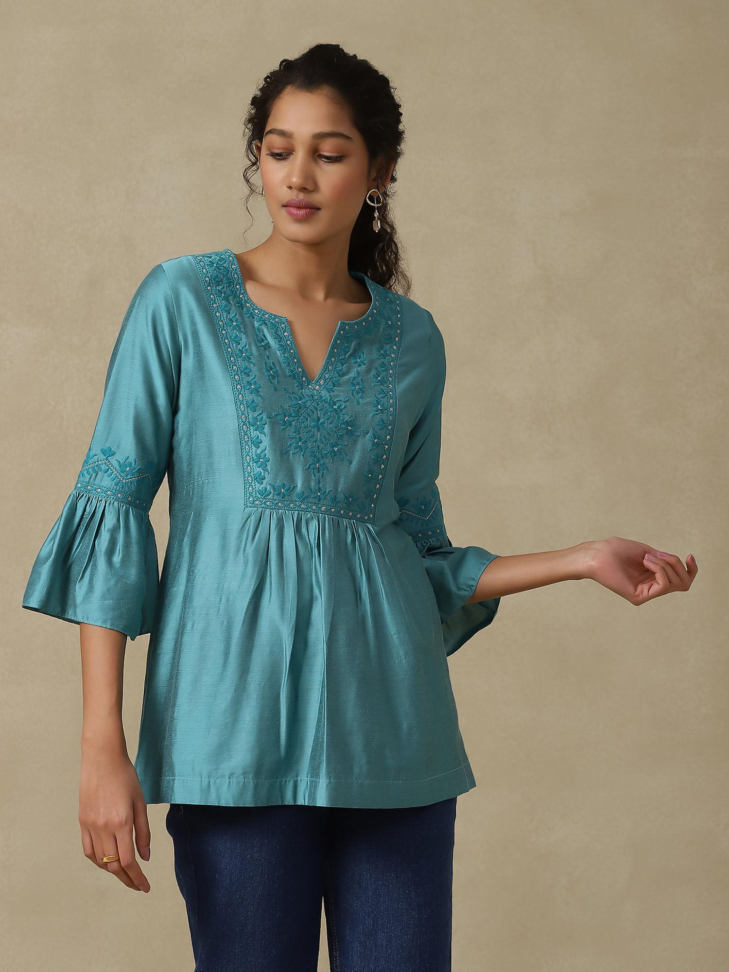 turquoise embroidered kurti