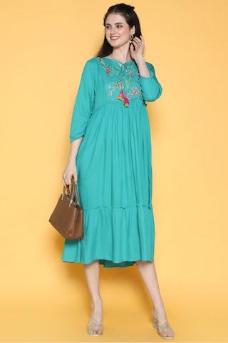 turquoise embroidered round neck casual calf-length 3/4th sleeves women gathered fit dress