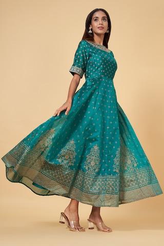 turquoise embroidered round neck ethnic calf-length 3/4th sleeves women regular fit dress