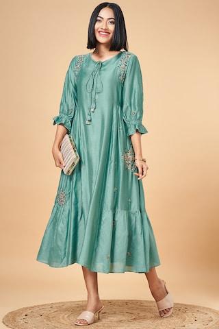 turquoise embroidered round neck ethnic full length 3/4th sleeves women flared fit ethnic dresses