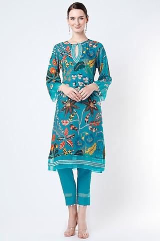 turquoise embroidered straight tunic set