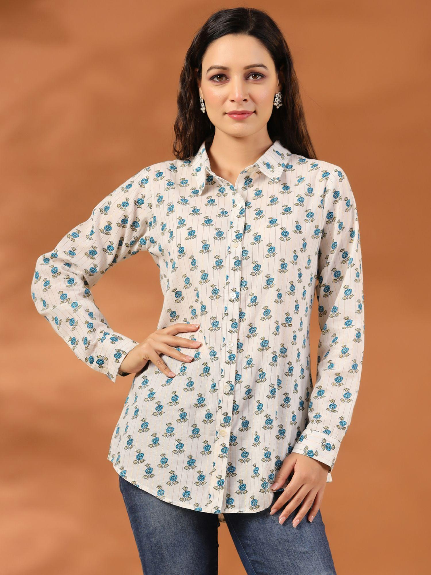 turquoise ethnic motif lurex shirt