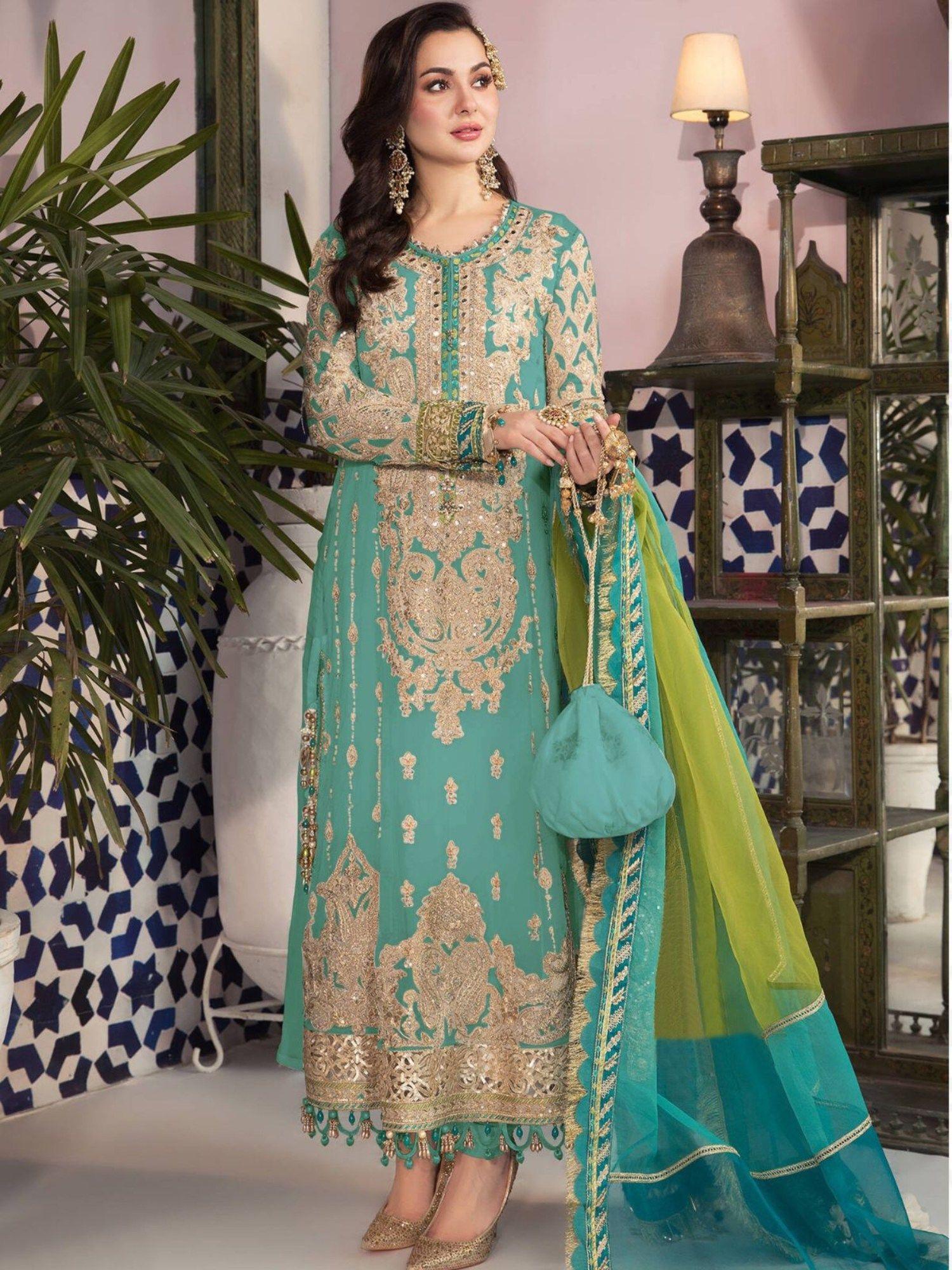 turquoise faux georgette embroidered semi stitched kurta with bottom & dupatta (set of 3)