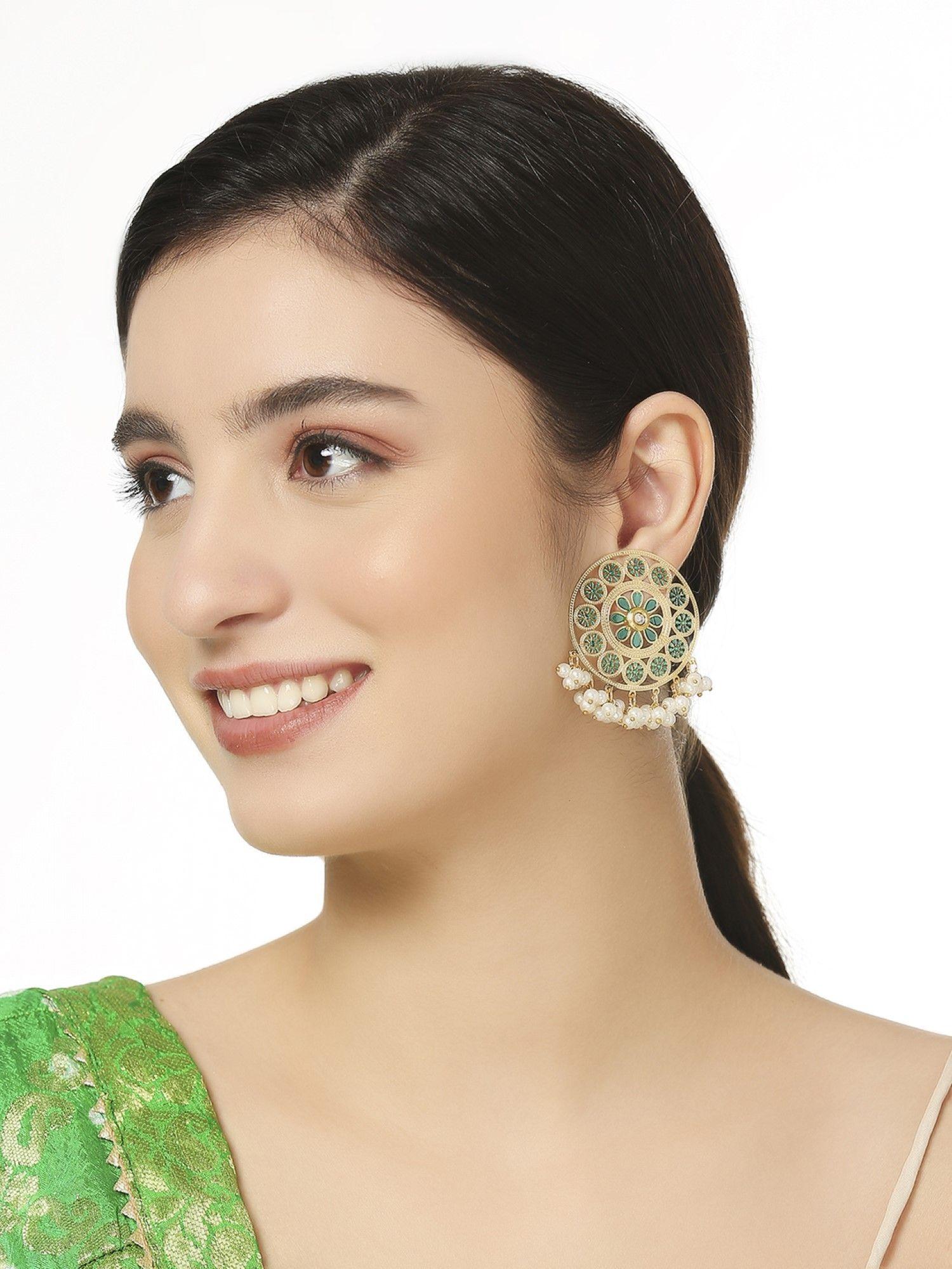 turquoise ferozi blue meenakari & kundan stud earrings - round shape