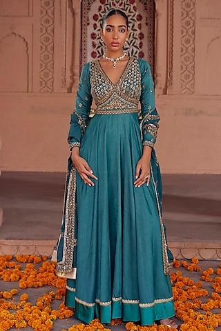 turquoise fine silk mughal embroidered anarkali set