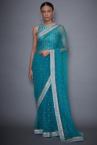 turquoise floral embroidered saree set