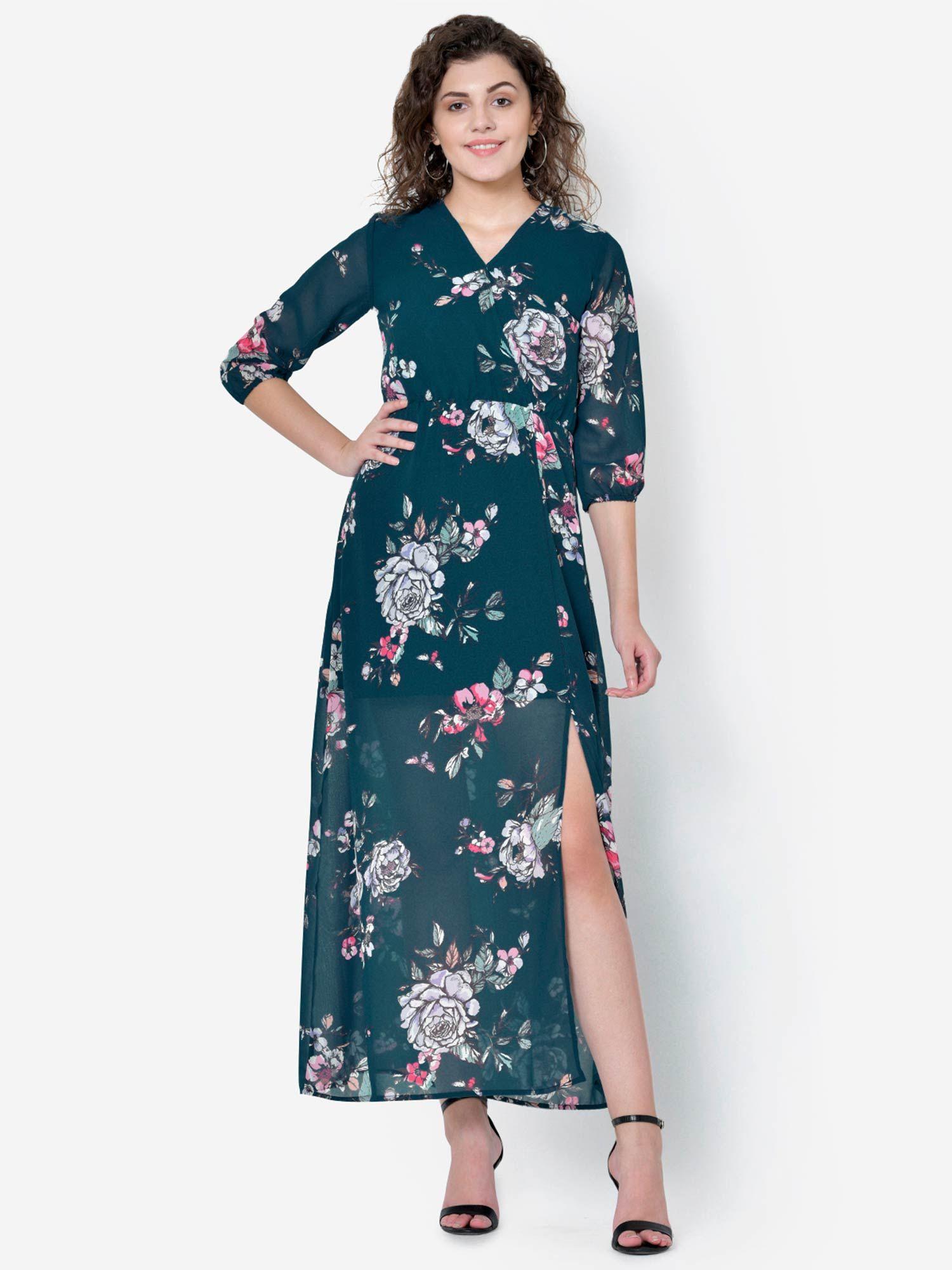 turquoise floral front slit maxi dress