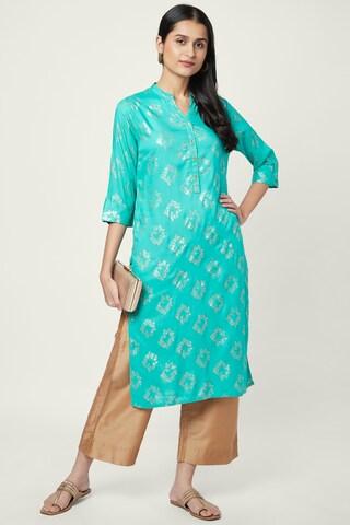 turquoise floral print ethnic mandarin 3/4th sleeves calf-length women regular fit kurta