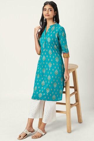 turquoise floral print ethnic mandarin 3/4th sleeves knee length women regular fit kurta