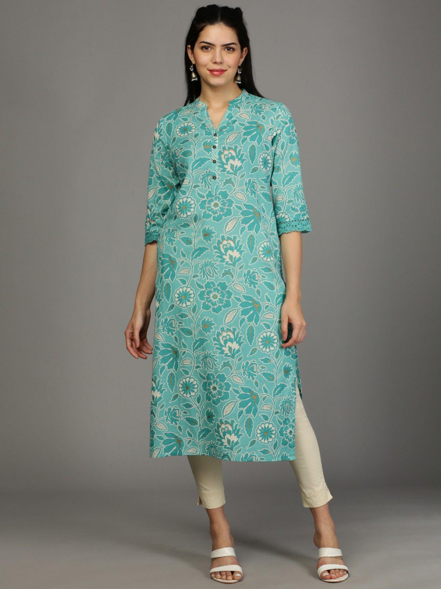 turquoise floral printed cotton a-line kurta