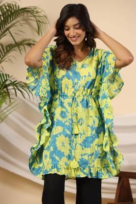 turquoise floral printed cotton dobby kaftan tunic - turquoise