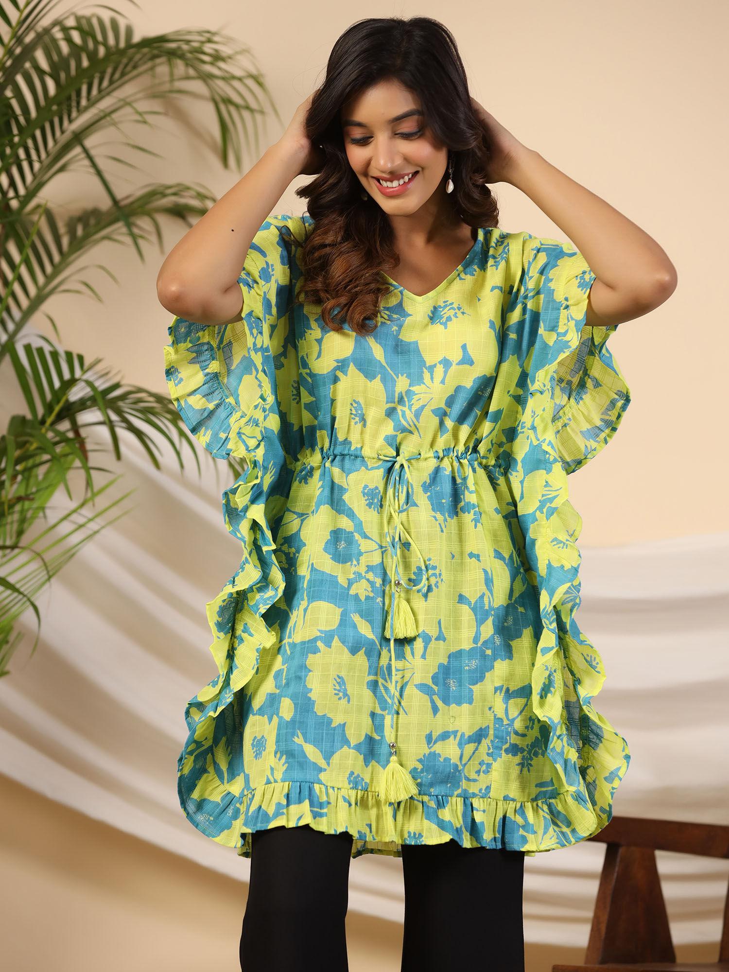 turquoise floral printed cotton dobby kaftan tunic