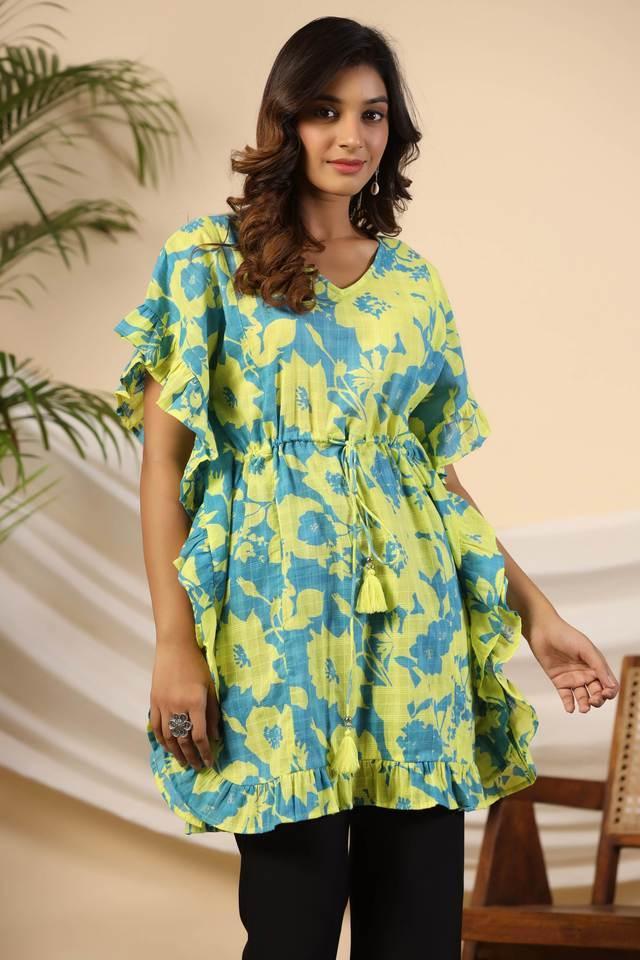 turquoise floral printed cotton dobby kaftan tunic