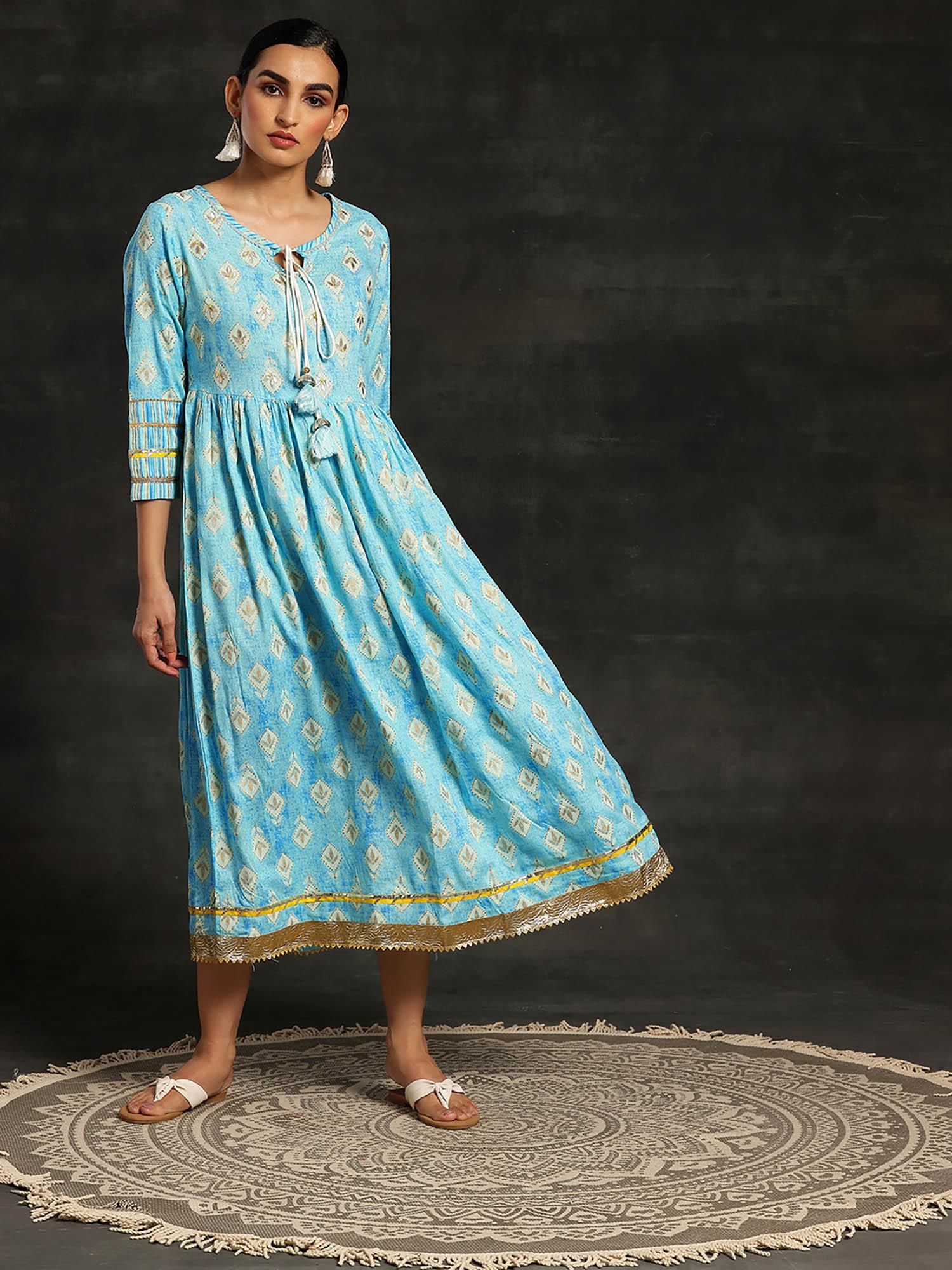 turquoise floral printed flared zari & gotta patti midi dress