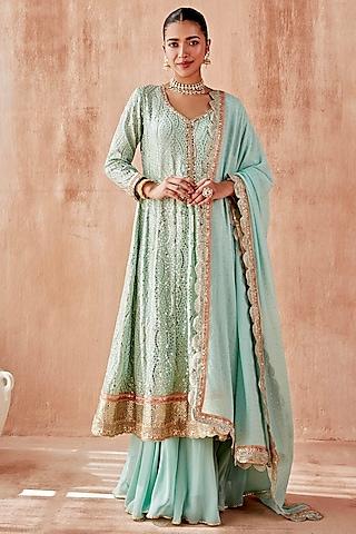 turquoise georgette embroidered anarkali set