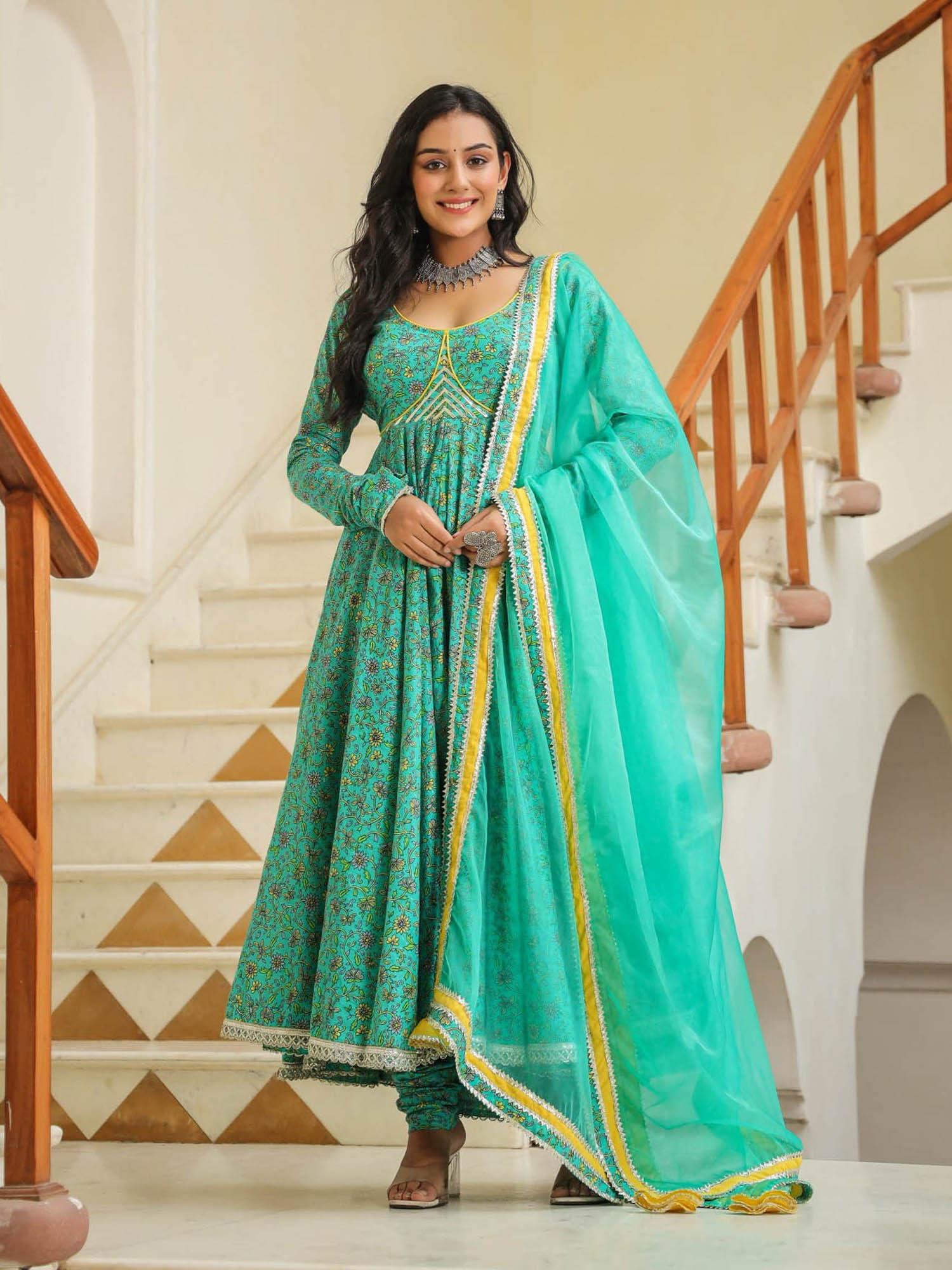 turquoise green cotton anarkali kurta with pant & dupatta (set of 3)