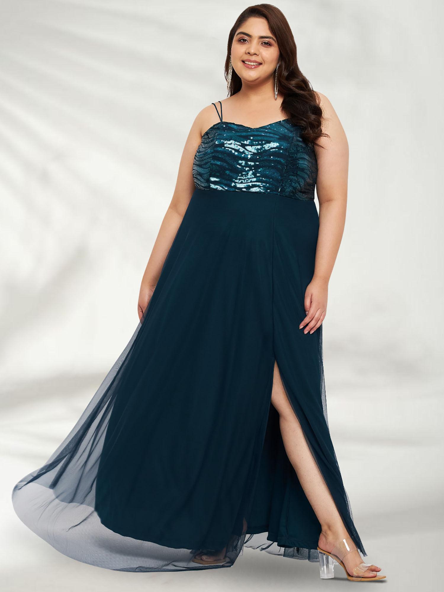 turquoise green plus size sequinned slit curve gown