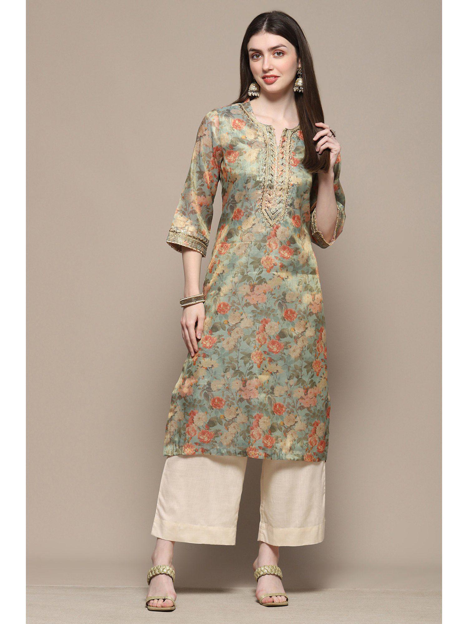 turquoise green polyester straight kurta