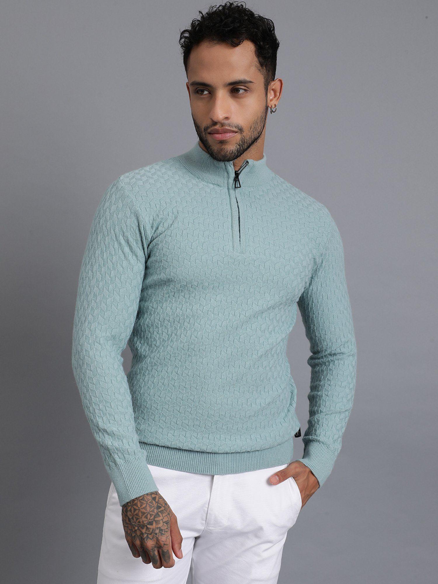 turquoise half zipper luxury cable knitted mens wool pullover sweater