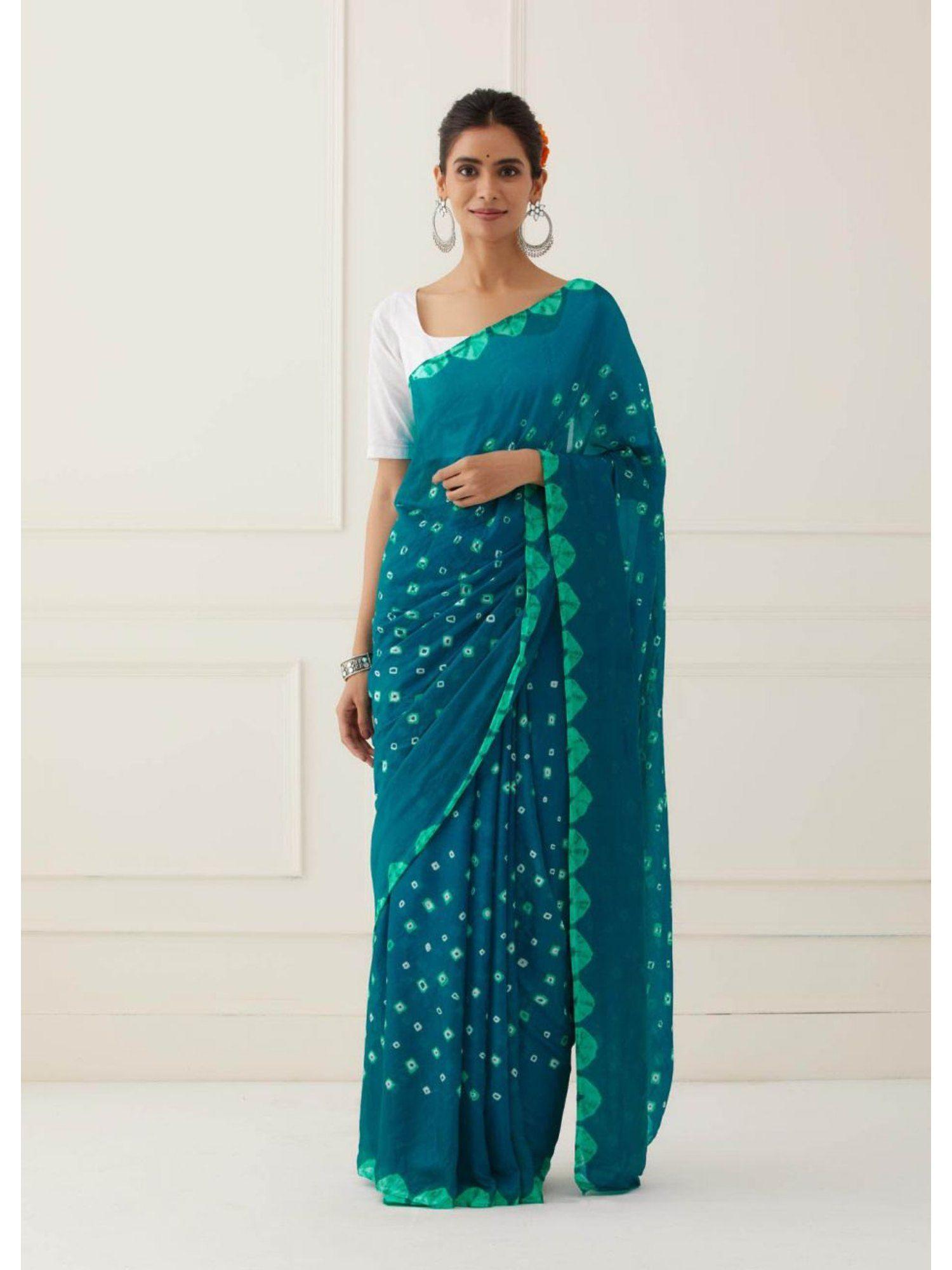 turquoise hand bandhani silk saree with unstitched blouse