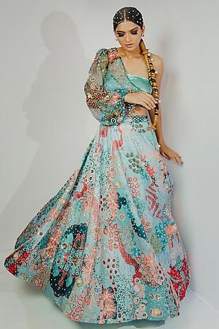 turquoise hand embroidered & printed lehenga set