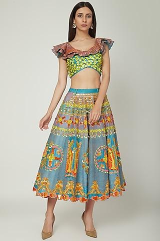 turquoise hand embroidered blouse with skirt