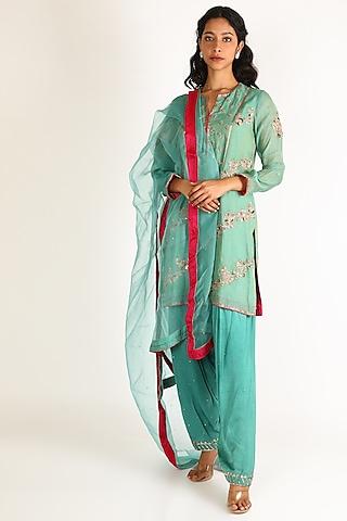 turquoise hand embroidered kurta set